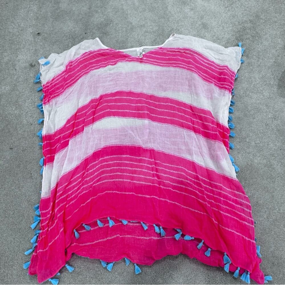 Seafolly Pink and White Striped Tunic Coverup with Blue tassels, O/S